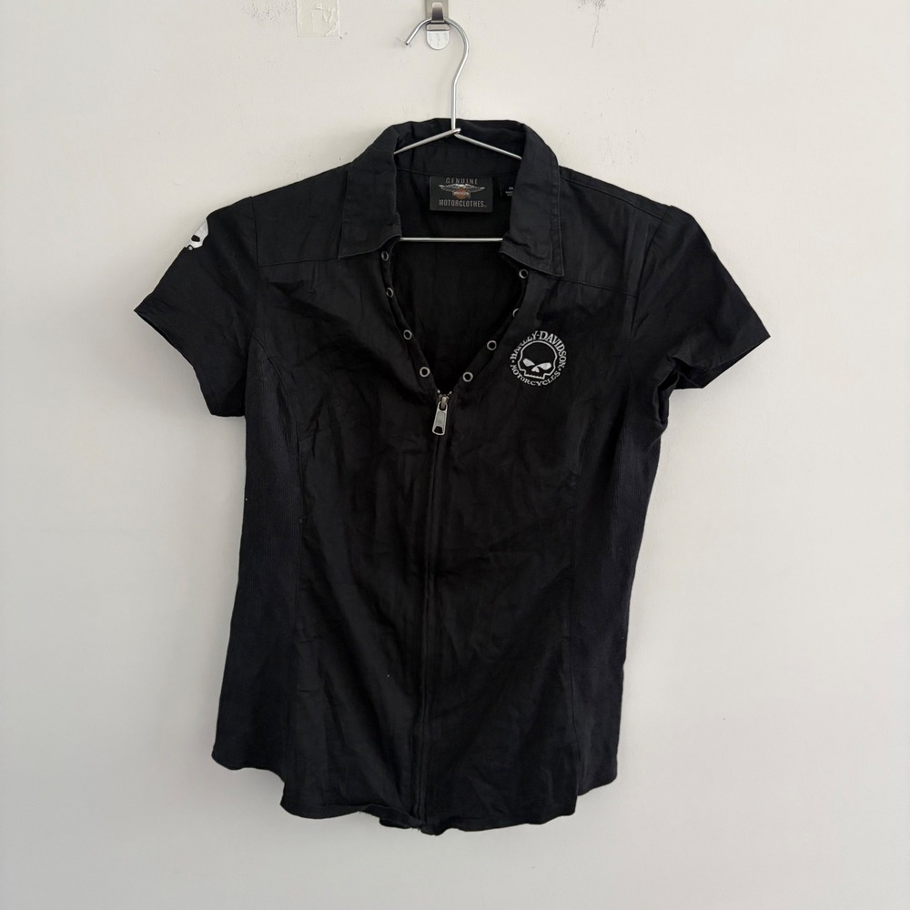Harley Davidson Womens Black Skull Zip Front Lace Back Shirt XS